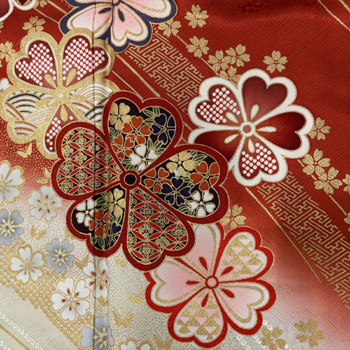 【美品】振袖禮服 身長160cm 袖長64cm M 雙層櫻花麻葉金銀彩染分 朱紅 純蠶絲 秀品級