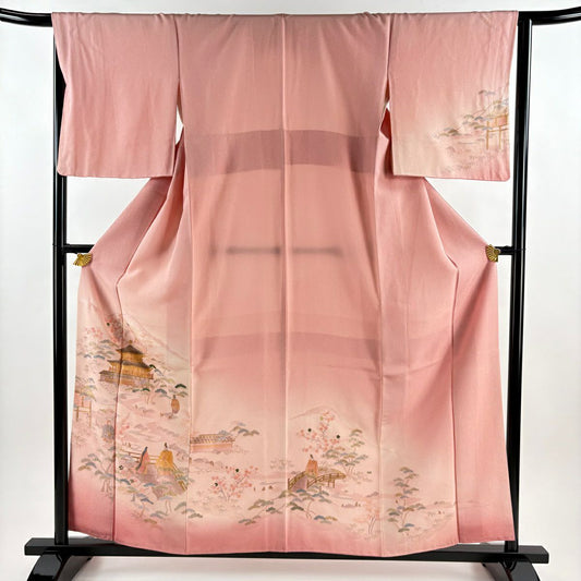 付下 身長158cm 袖長65cm M 雙層 建築 人物 刺繡 金線 粉紅 純蠶絲 優品級