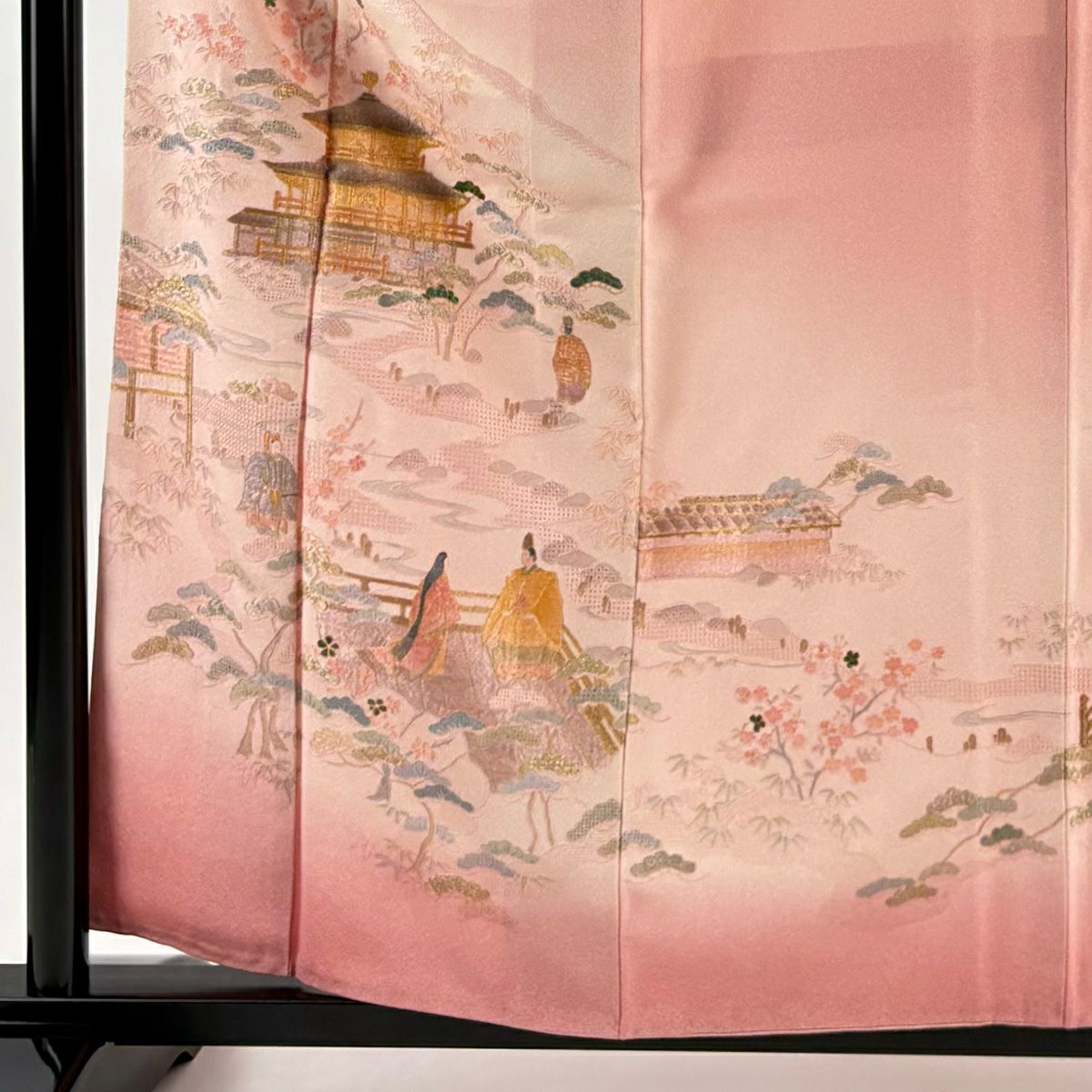 付下 身長158cm 袖長65cm M 雙層 建築 人物 刺繡 金線 粉紅 純蠶絲 優品級