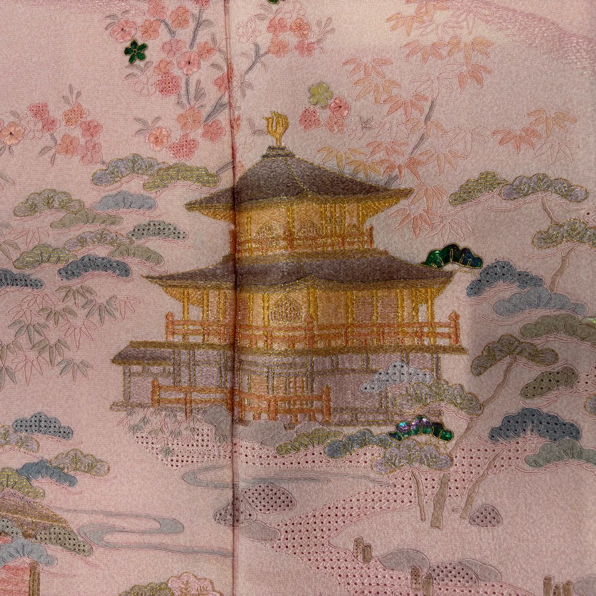付下 身長158cm 袖長65cm M 雙層 建築 人物 刺繡 金線 粉紅 純蠶絲 優品級