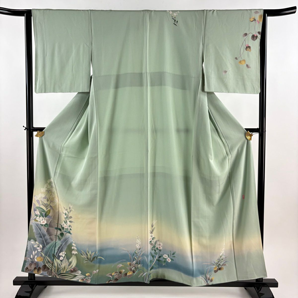 訪問服 身長156.5cm 袖長64cm M 雙層 落款 草花紋 葉柄 染分 ぼかし 淡綠 純蠶絲 秀品級