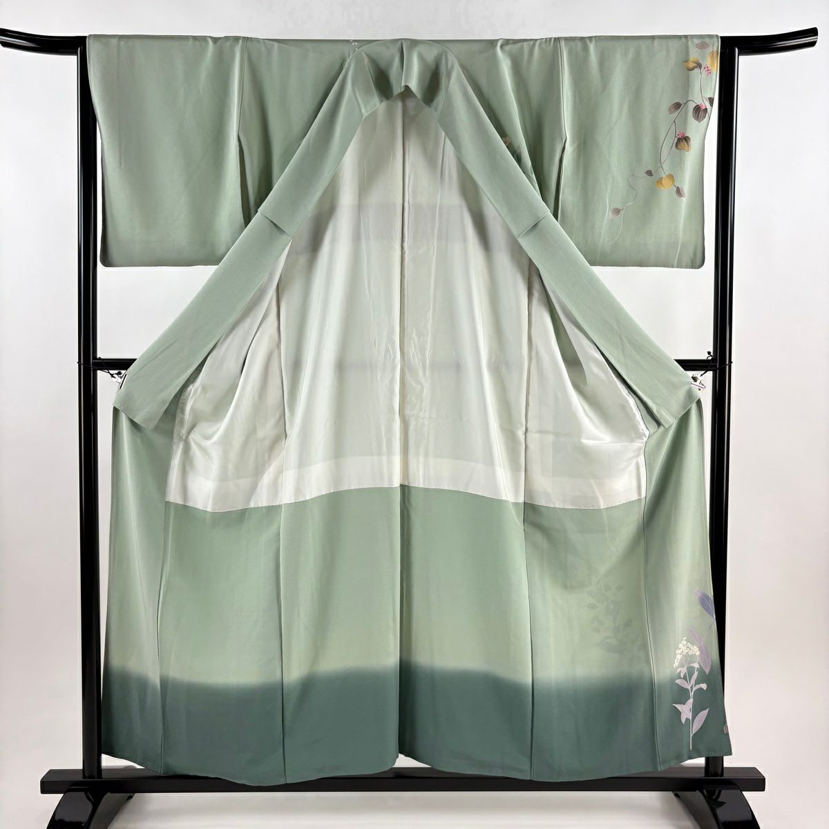 訪問服 身長156.5cm 袖長64cm M 雙層 落款 草花紋 葉柄 染分 ぼかし 淡綠 純蠶絲 秀品級