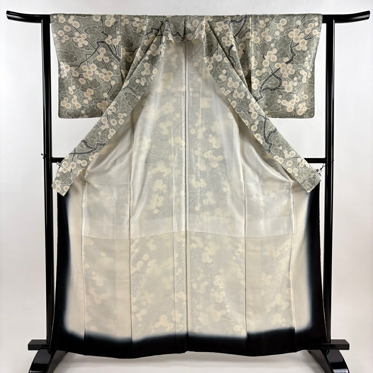 小紋 身長162cm 袖長62cm S 雙層 枝梅花 雲紋 灰 純蠶絲 秀品級