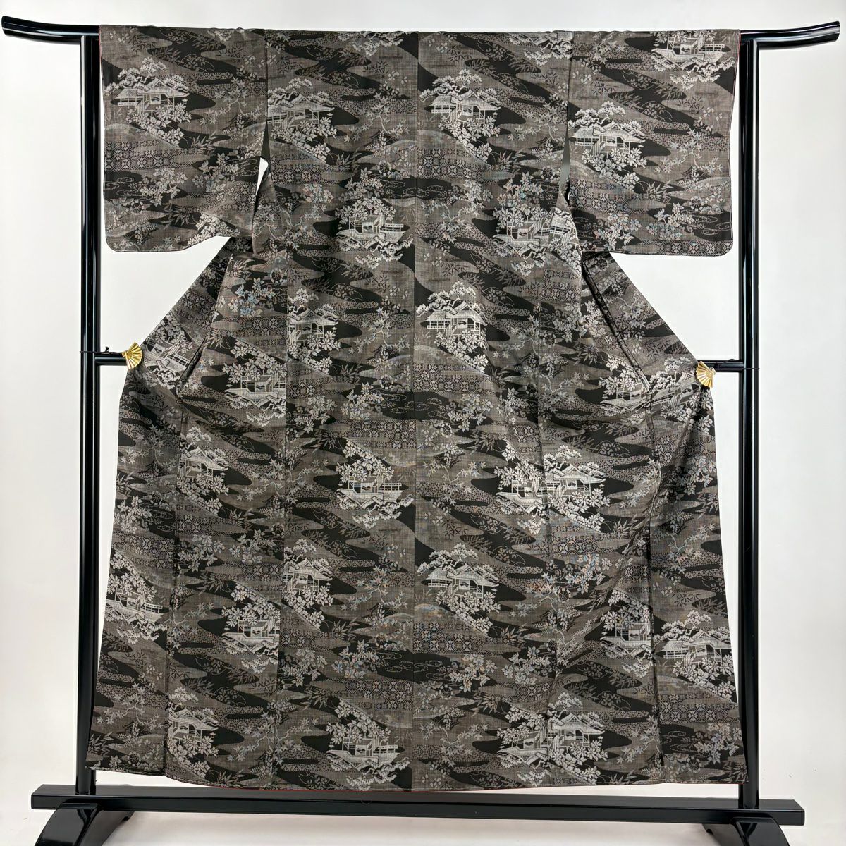 紬織 身長156.5cm 袖長63.5cm S 雙層 建物 草花紋紋 焦茶 純蠶絲 秀品級