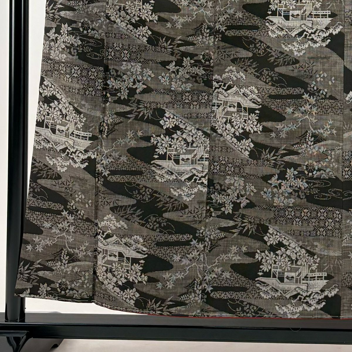 紬織 身長156.5cm 袖長63.5cm S 雙層 建物 草花紋紋 焦茶 純蠶絲 秀品級
