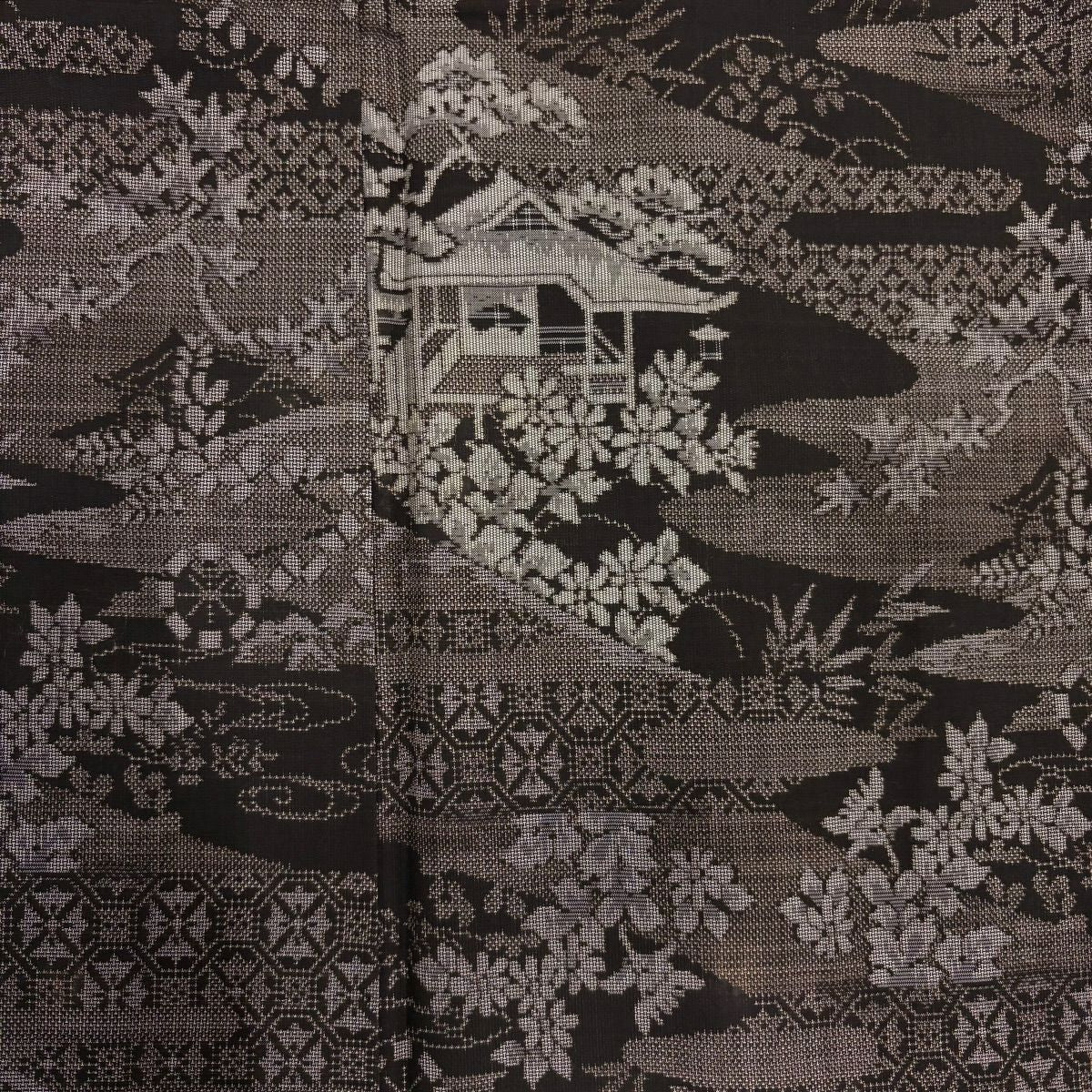 紬織 身長156.5cm 袖長63.5cm S 雙層 建物 草花紋紋 焦茶 純蠶絲 秀品級