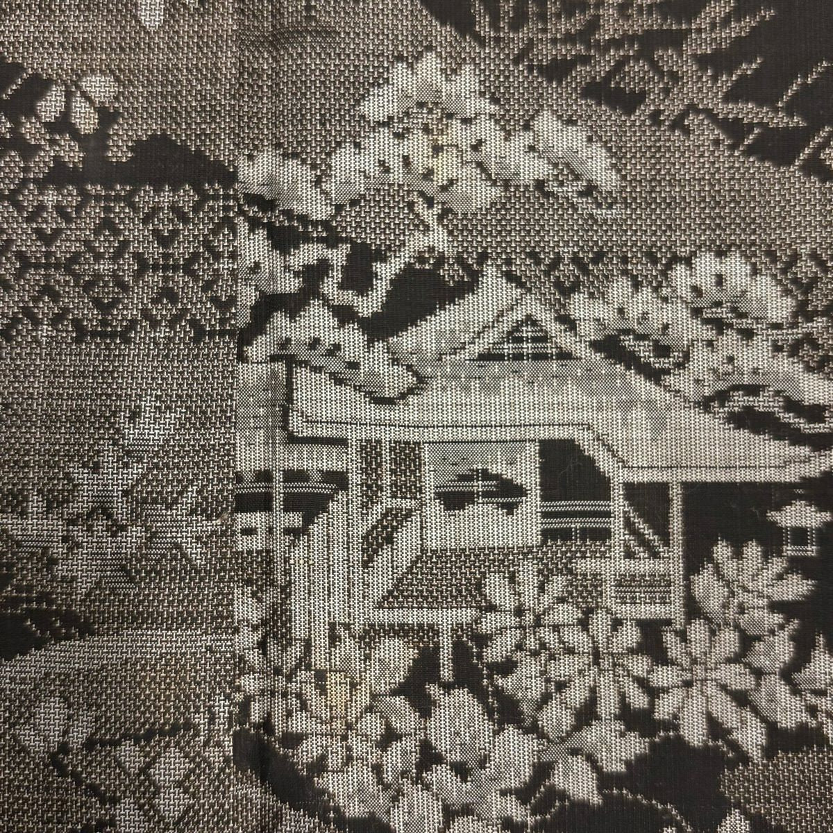 紬織 身長156.5cm 袖長63.5cm S 雙層 建物 草花紋紋 焦茶 純蠶絲 秀品級