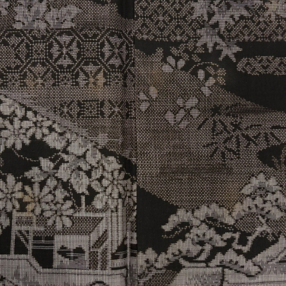 紬織 身長156.5cm 袖長63.5cm S 雙層 建物 草花紋紋 焦茶 純蠶絲 秀品級