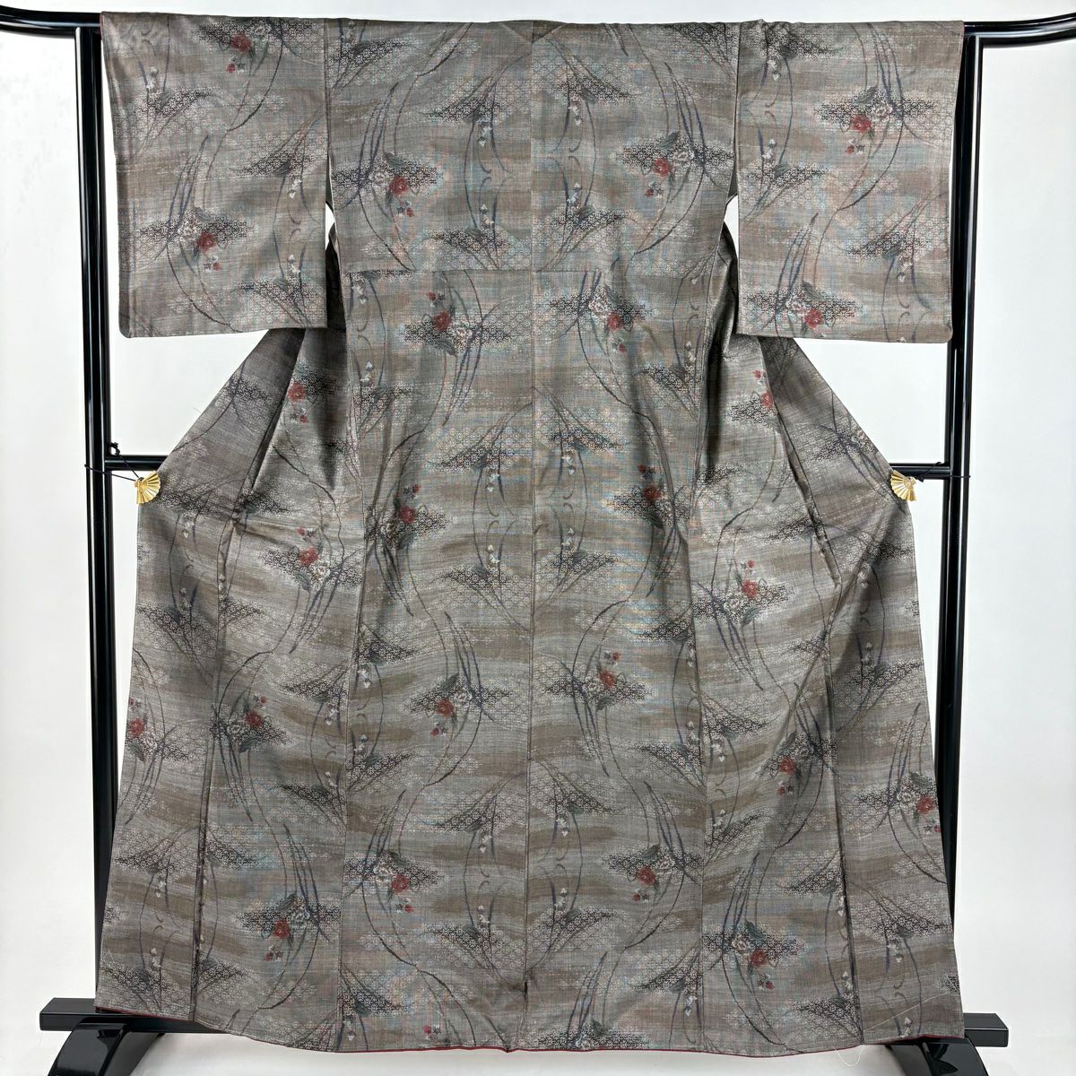 【美品】 紬織 身長162cm 袖長63cm S 雙層 草花紋紋 霞 焦茶 純蠶絲 秀品級