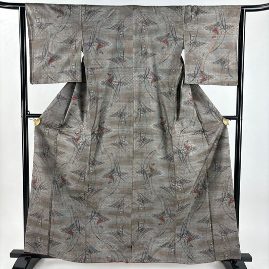【美品】 紬織 身長162cm 袖長63cm S 雙層 草花紋紋 霞 焦茶 純蠶絲 秀品級