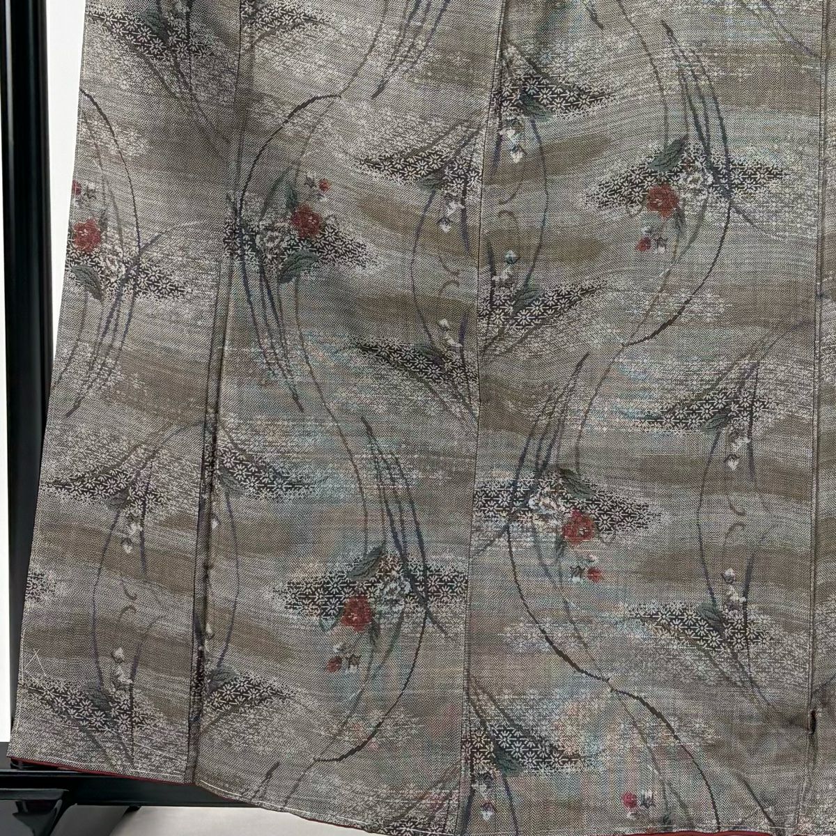 【美品】 紬織 身長162cm 袖長63cm S 雙層 草花紋紋 霞 焦茶 純蠶絲 秀品級