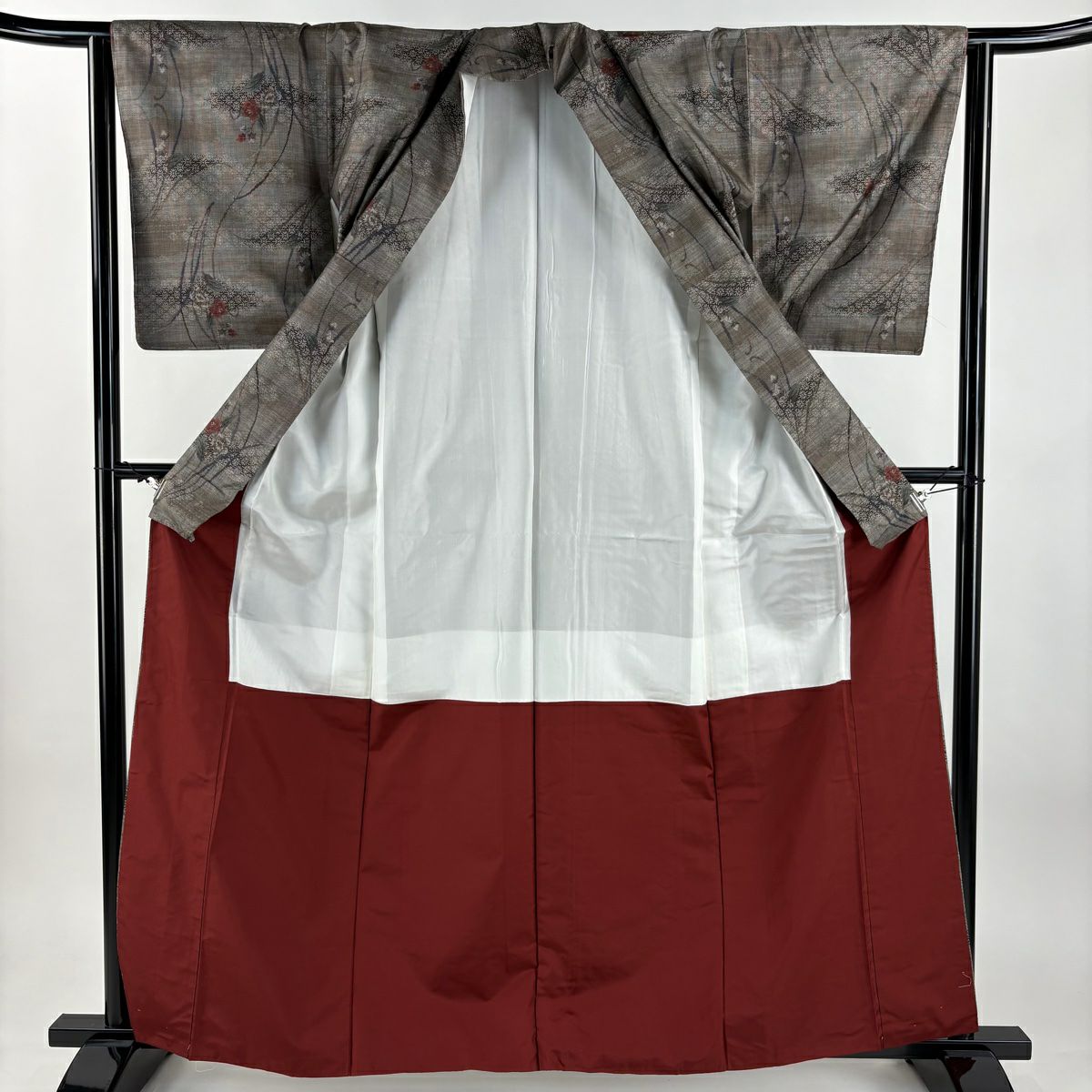 【美品】 紬織 身長162cm 袖長63cm S 雙層 草花紋紋 霞 焦茶 純蠶絲 秀品級