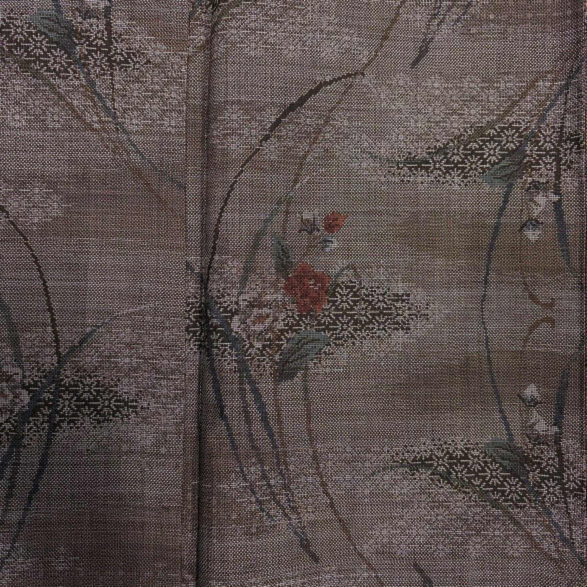 【美品】 紬織 身長162cm 袖長63cm S 雙層 草花紋紋 霞 焦茶 純蠶絲 秀品級