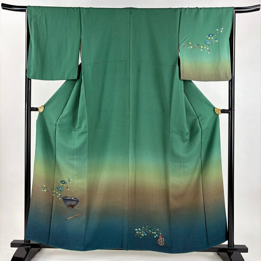 付下 身長159cm 袖長65.5cm M 雙層 落款あり 椿 茶道具 染分け ぼかし 綠 純蠶絲 秀品級