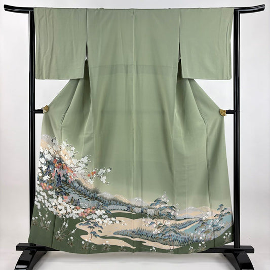色留袖禮服 身長159.5cm 袖長63.5cm S 雙層 枝梅花 松樹 漸層 灰綠 純蠶絲 秀品級 一つ紋