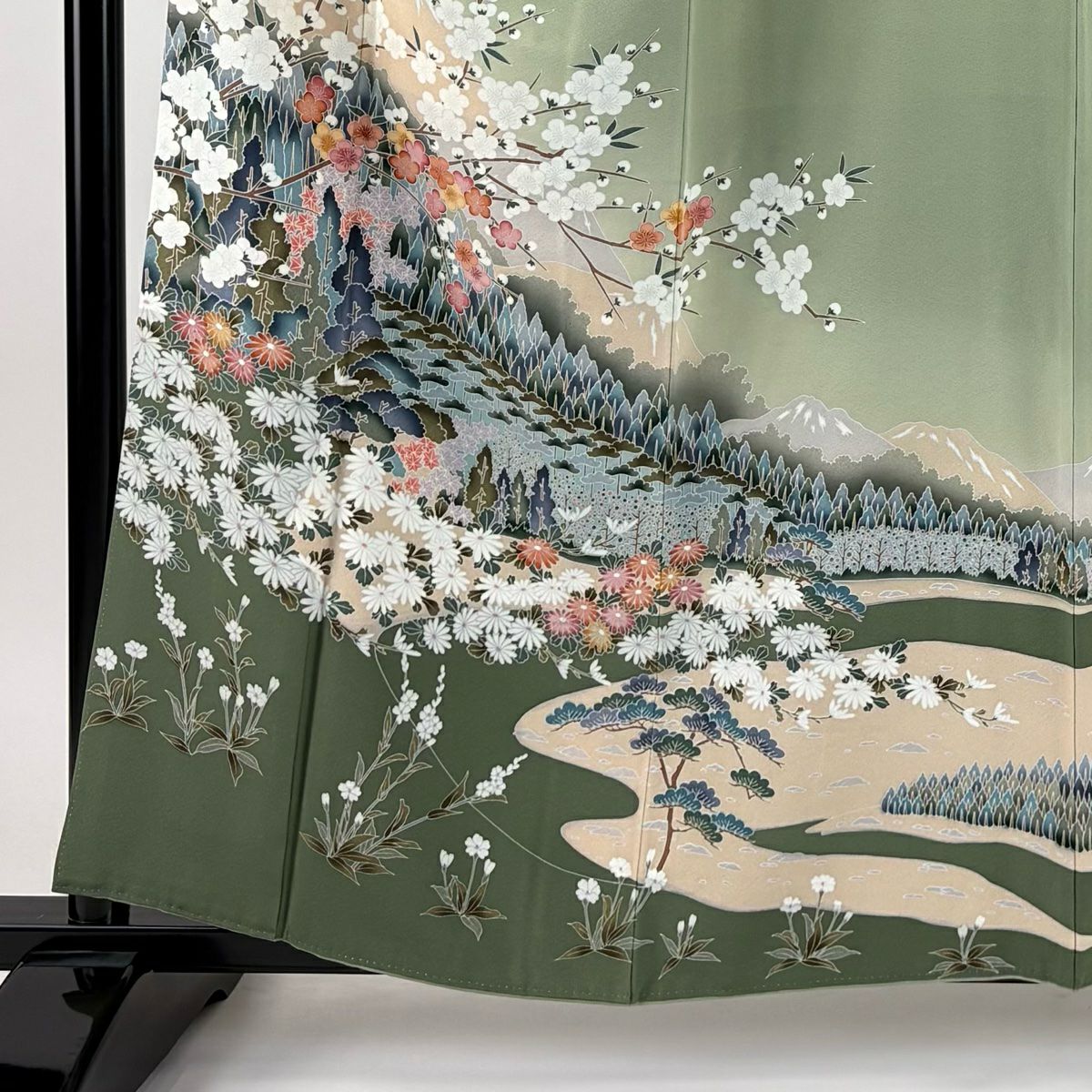 色留袖禮服 身長159.5cm 袖長63.5cm S 雙層 枝梅花 松樹 漸層 灰綠 純蠶絲 秀品級 一つ紋