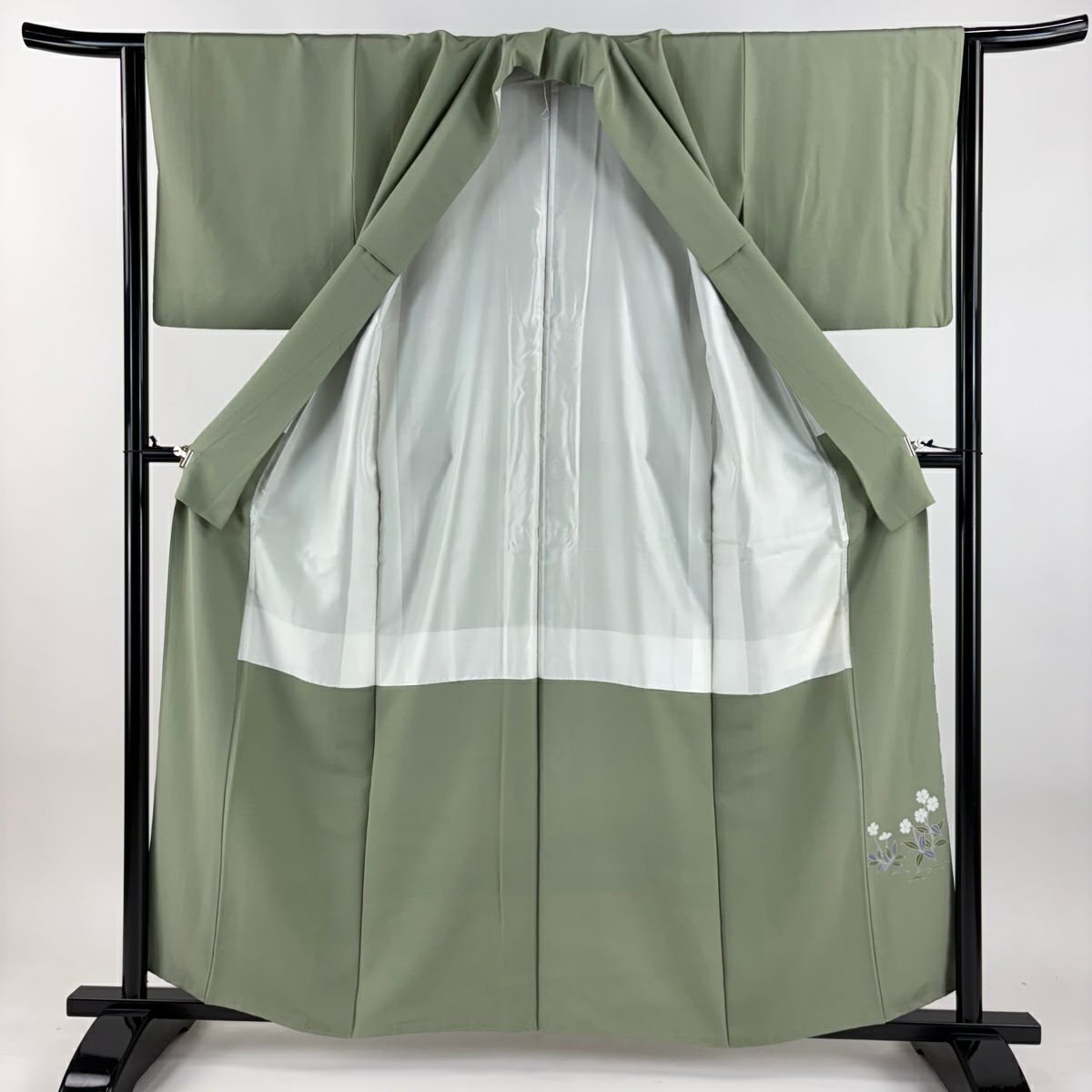 色留袖禮服 身長159.5cm 袖長63.5cm S 雙層 枝梅花 松樹 漸層 灰綠 純蠶絲 秀品級 一つ紋