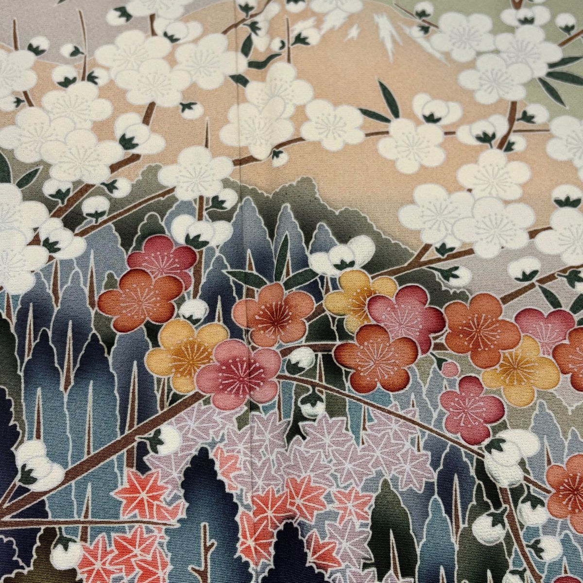 色留袖禮服 身長159.5cm 袖長63.5cm S 雙層 枝梅花 松樹 漸層 灰綠 純蠶絲 秀品級 一つ紋