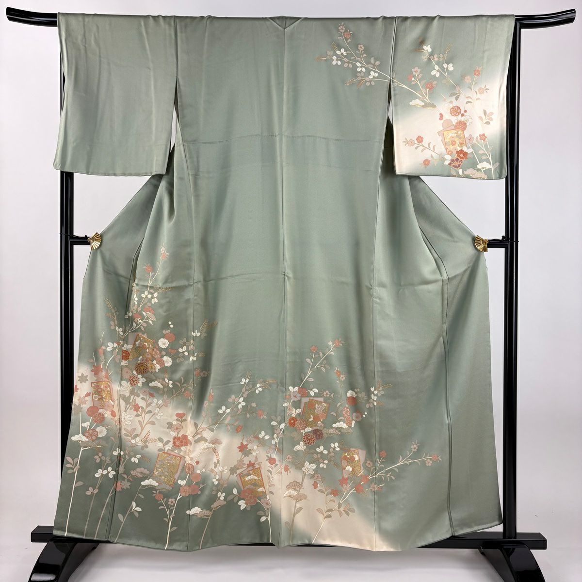 訪問服 身長159.5cm 袖長66.5cm M 雙層 破れ色紙 草花紋紋 金銀彩 金糸 灰綠 純蠶絲 秀品級