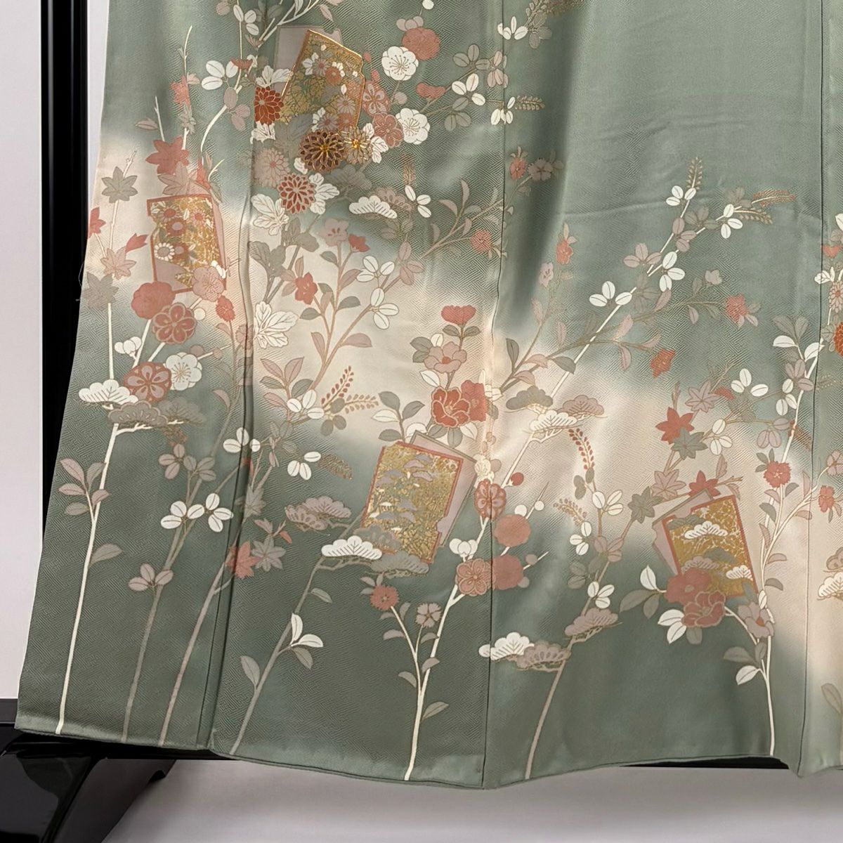 訪問服 身長159.5cm 袖長66.5cm M 雙層 破れ色紙 草花紋紋 金銀彩 金糸 灰綠 純蠶絲 秀品級