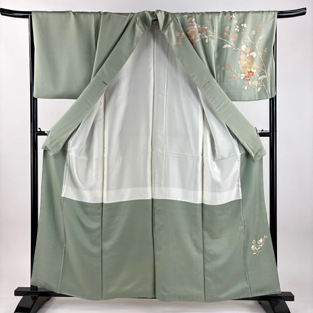 訪問服 身長159.5cm 袖長66.5cm M 雙層 破れ色紙 草花紋紋 金銀彩 金糸 灰綠 純蠶絲 秀品級