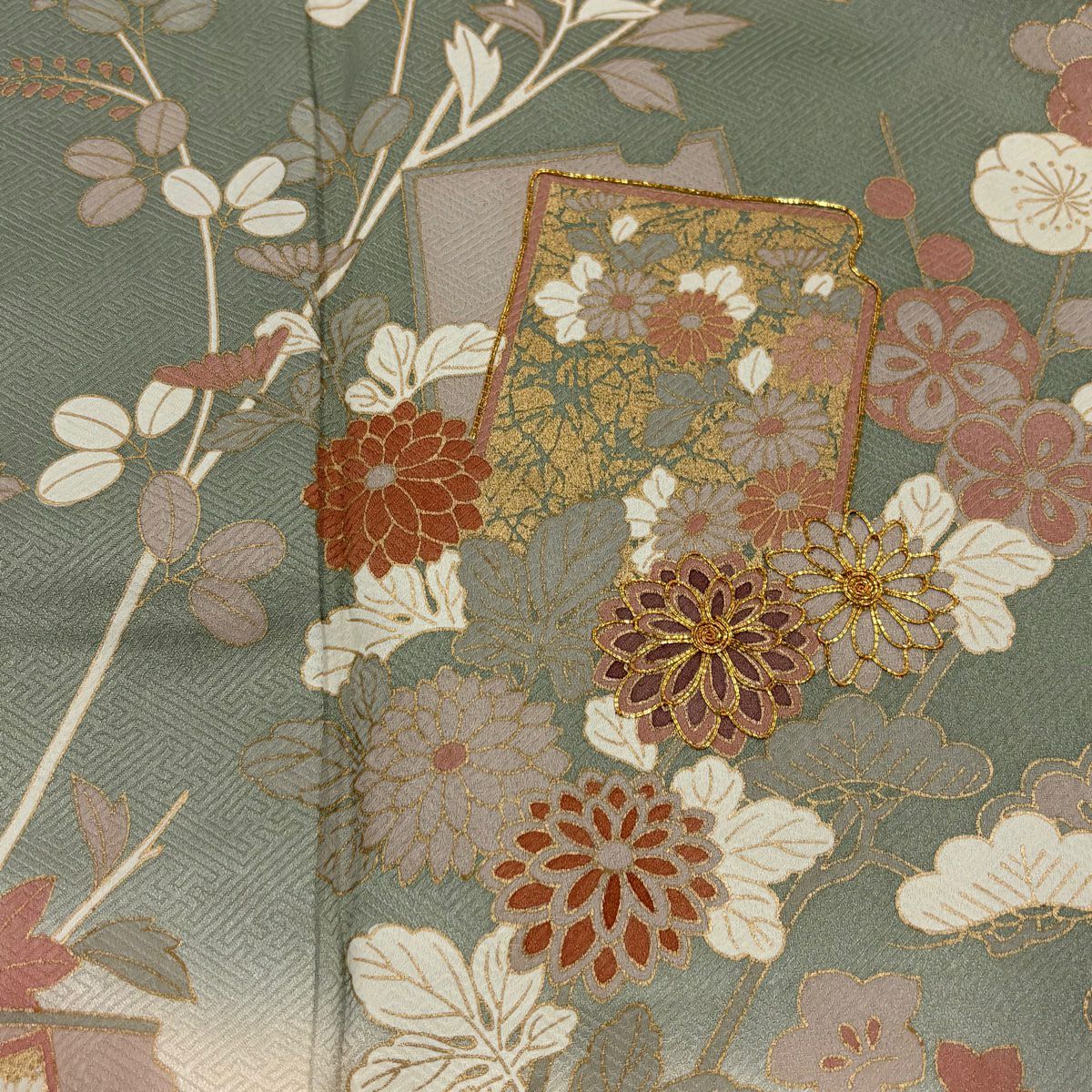 訪問服 身長159.5cm 袖長66.5cm M 雙層 破れ色紙 草花紋紋 金銀彩 金糸 灰綠 純蠶絲 秀品級