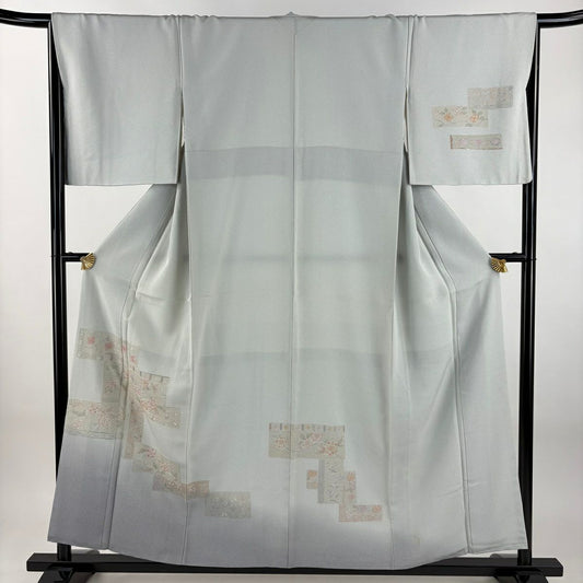 付下 身長156.5cm 袖長66cm M 雙層 草花紋紋 花唐草紋刺繡 漸層 青灰 純蠶絲 優品級