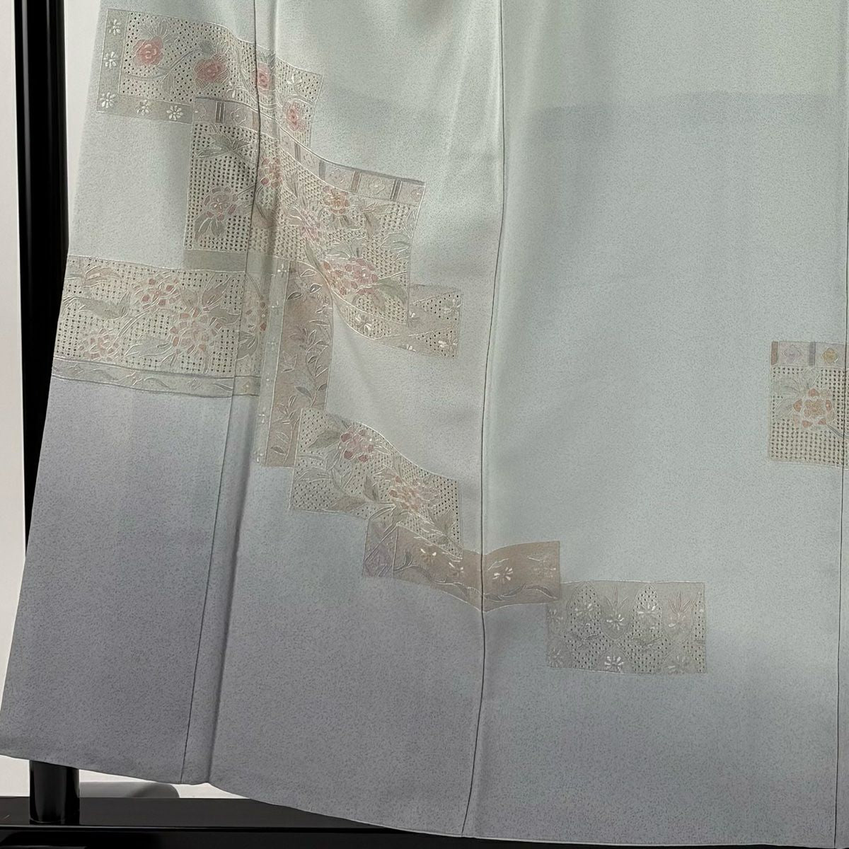 付下 身長156.5cm 袖長66cm M 雙層 草花紋紋 花唐草紋刺繡 漸層 青灰 純蠶絲 優品級