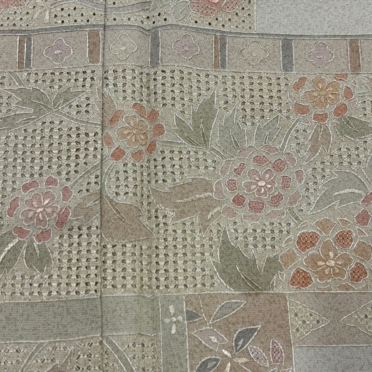 付下 身長156.5cm 袖長66cm M 雙層 草花紋紋 花唐草紋刺繡 漸層 青灰 純蠶絲 優品級