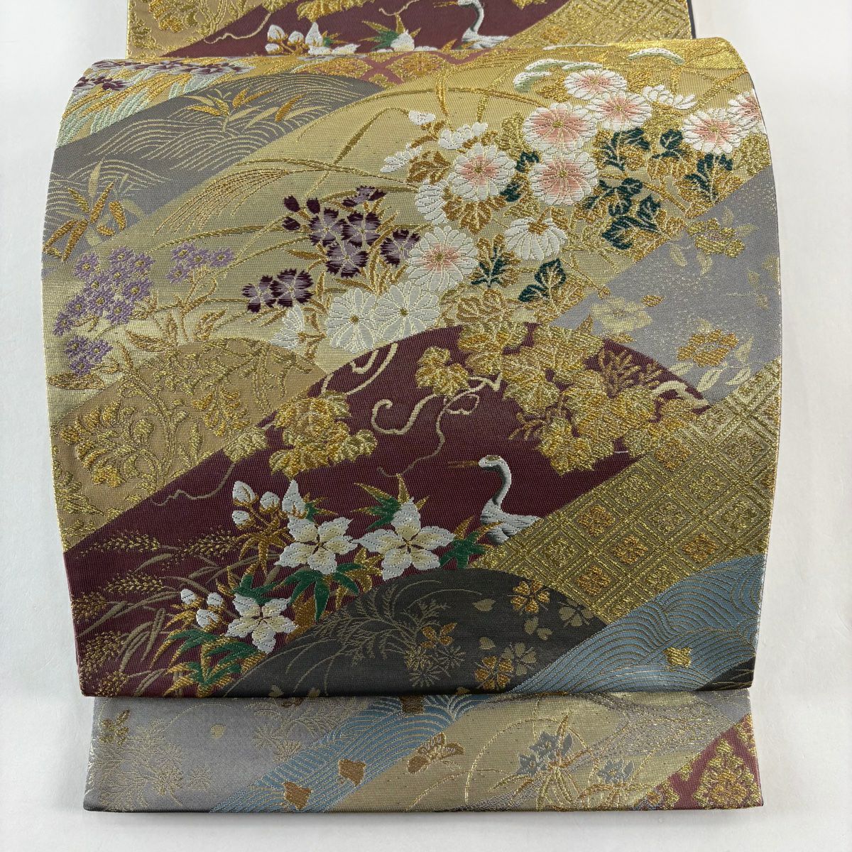 【美品】 袋帶 秀品級 遠山菊花仙鶴紋 秋草 刺繡 金絲 金色 六通 純蠶絲