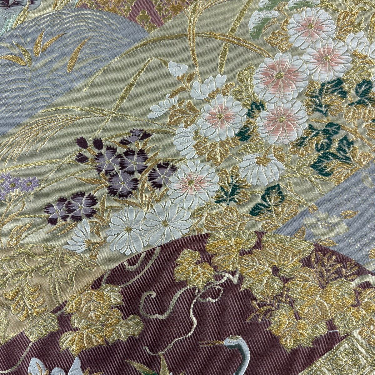 【美品】 袋帶 秀品級 遠山菊花仙鶴紋 秋草 刺繡 金絲 金色 六通 純蠶絲