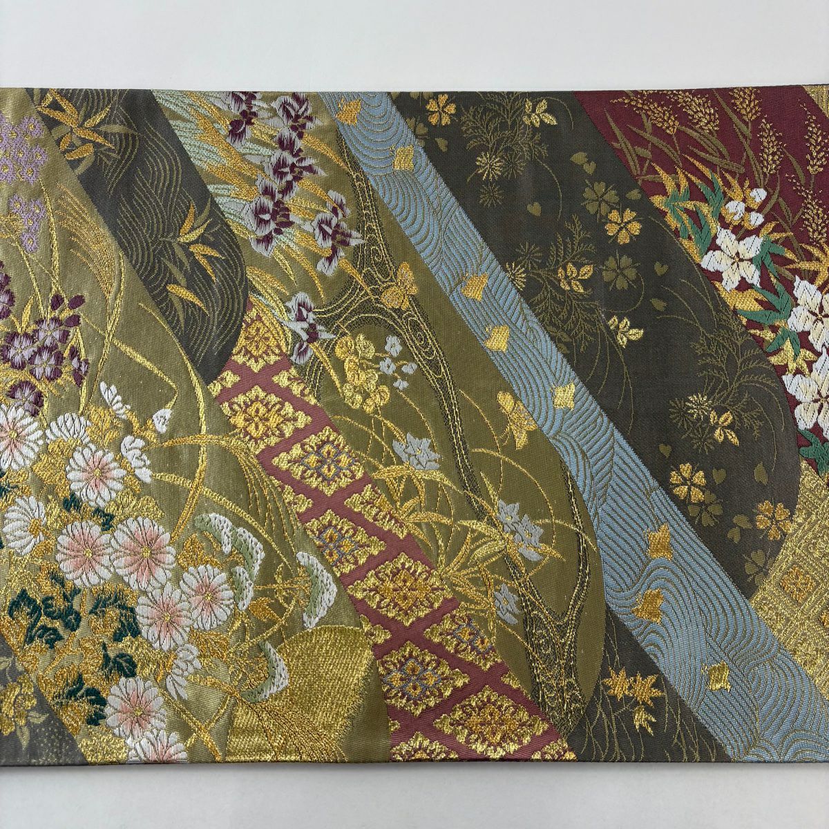 【美品】 袋帶 秀品級 遠山菊花仙鶴紋 秋草 刺繡 金絲 金色 六通 純蠶絲