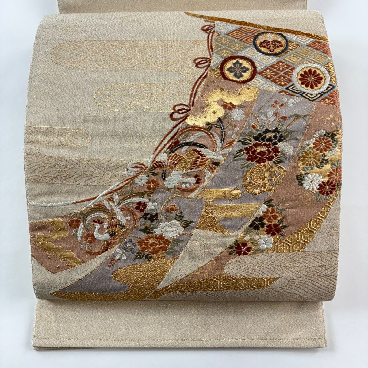 【美品】 袋帶 秀品級 關西仕立 雜帳 花鳥 刺繡 金絲 米色 大鼓圖案 純蠶絲