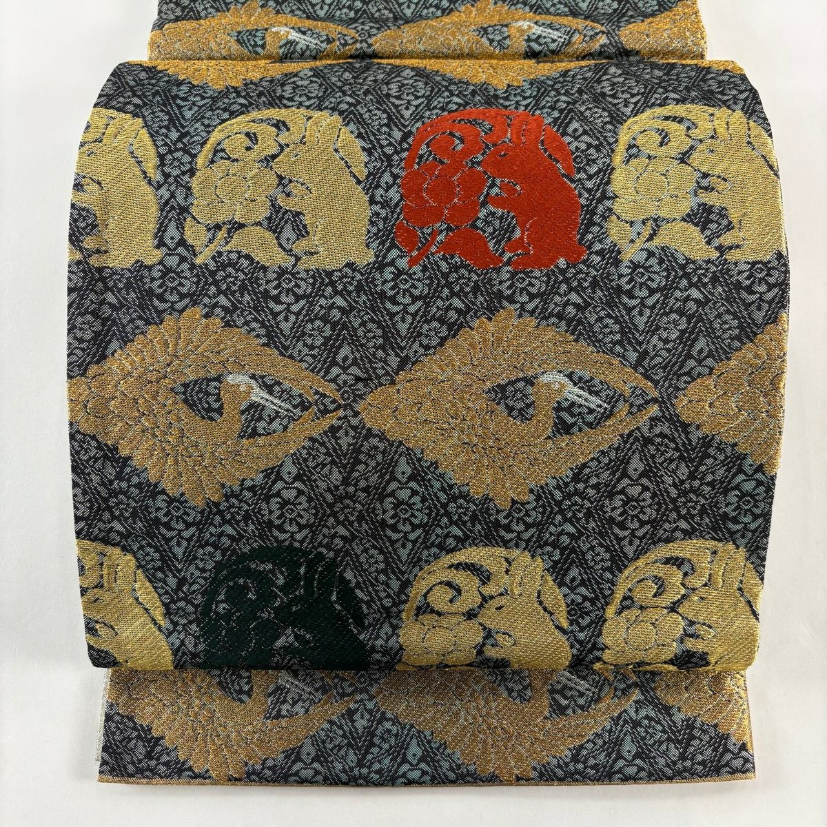 【美品】 袋帶 秀品級 兔子 仙鶴 金銀彩 刺繡 灰綠 六通 純蠶絲