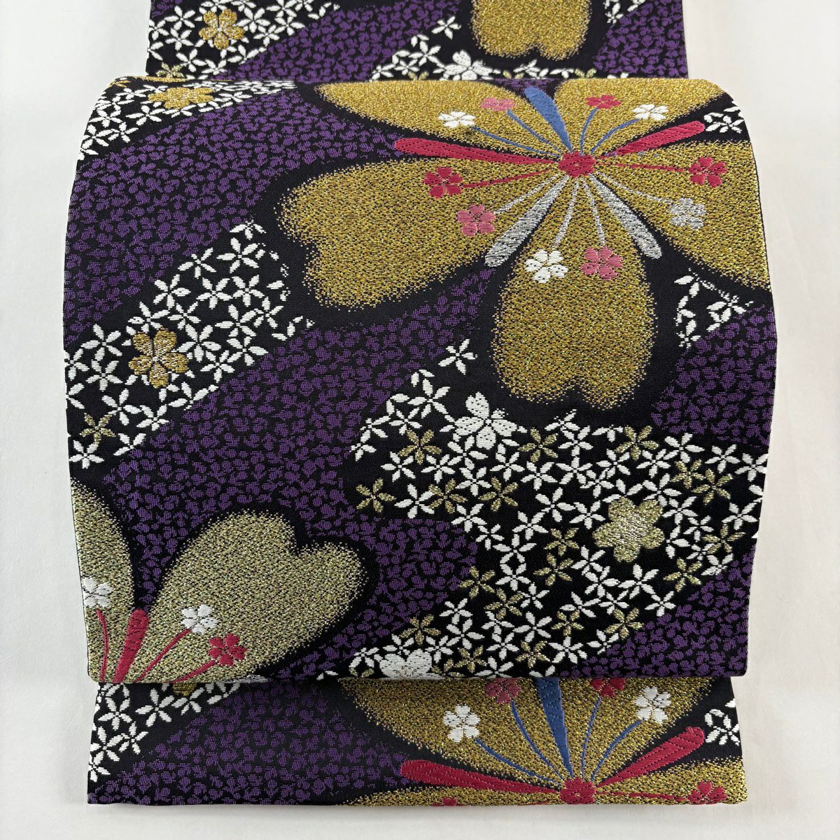 袋帶 秀品級 樱花 霞 金銀線 刺繡 紫色 六通 純蠶絲
