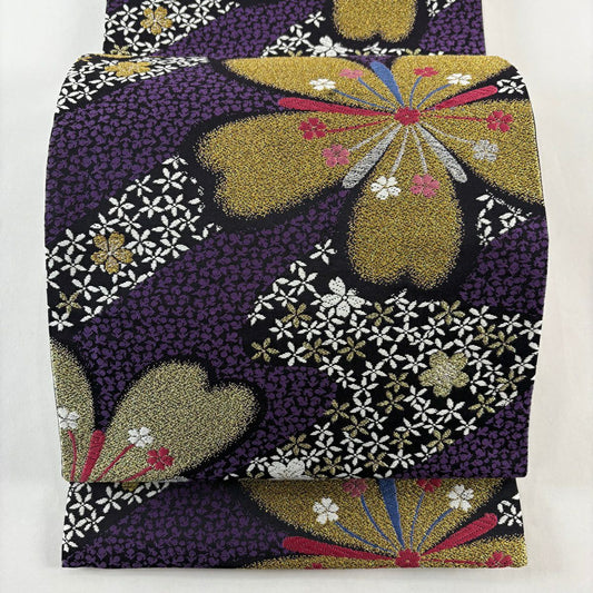 袋帶 秀品級 樱花 霞 金銀線 刺繡 紫色 六通 純蠶絲