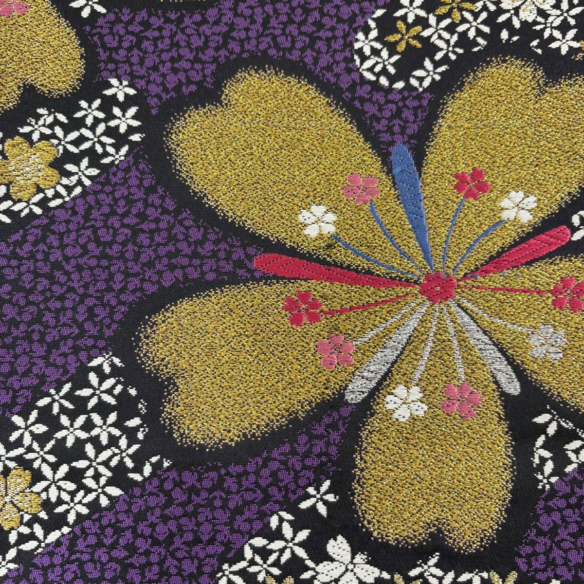 袋帶 秀品級 樱花 霞 金銀線 刺繡 紫色 六通 純蠶絲