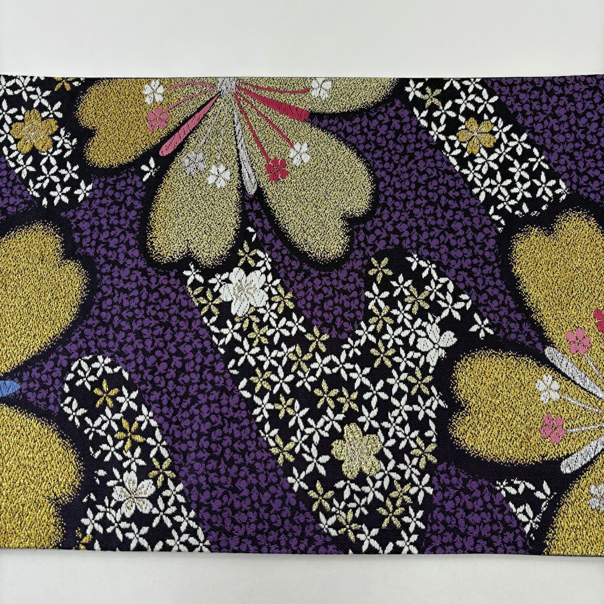 袋帶 秀品級 樱花 霞 金銀線 刺繡 紫色 六通 純蠶絲