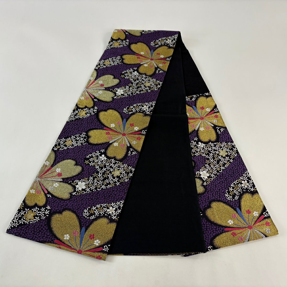袋帶 秀品級 樱花 霞 金銀線 刺繡 紫色 六通 純蠶絲