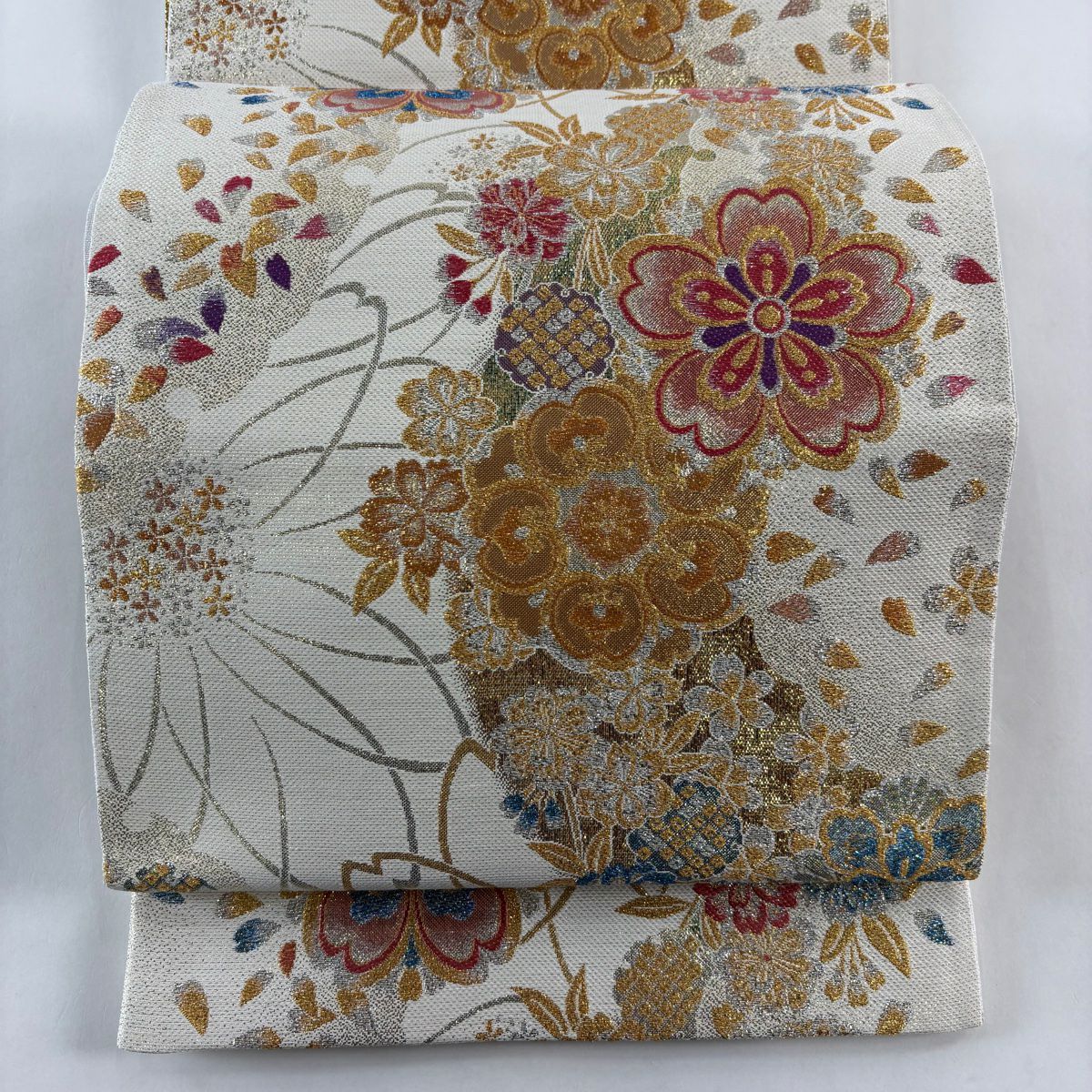 【美品】 袋帶 秀品級 櫻花花瓣 刺繡 金線 奶油色 六通 純蠶絲