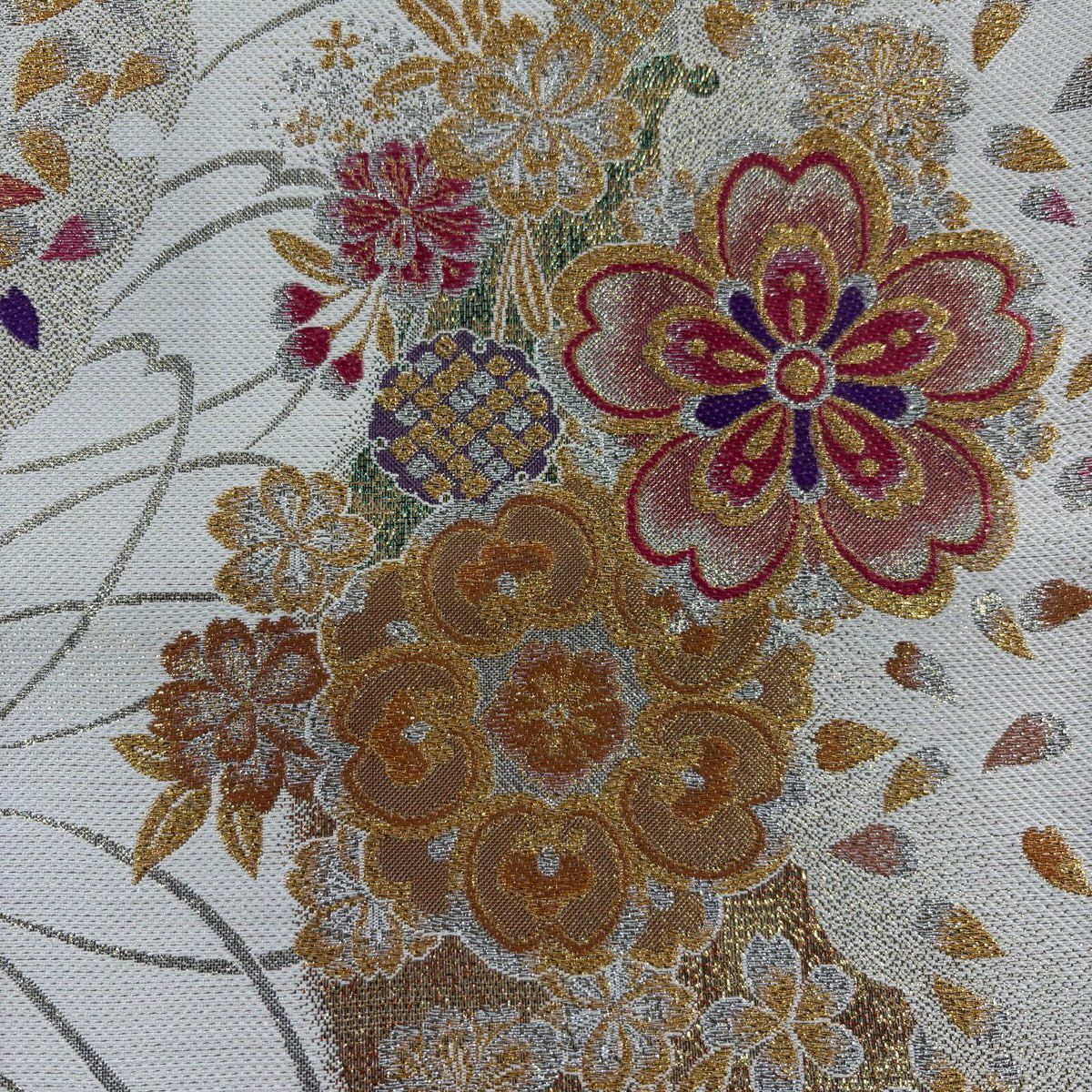 【美品】 袋帶 秀品級 櫻花花瓣 刺繡 金線 奶油色 六通 純蠶絲