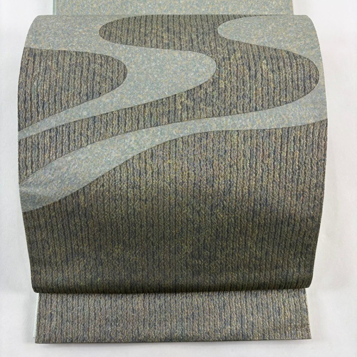 【美品】 袋帶 秀品級 流水 本漆津輕金金箔 灰綠 お太鼓圖案 純蠶絲
