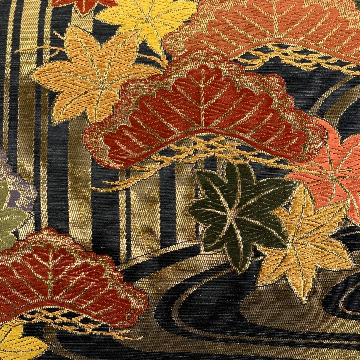 袋帶 秀品級 關西仕立 雨傘松樹 瀧 刺繡 金金箔 黑 六通 純蠶絲