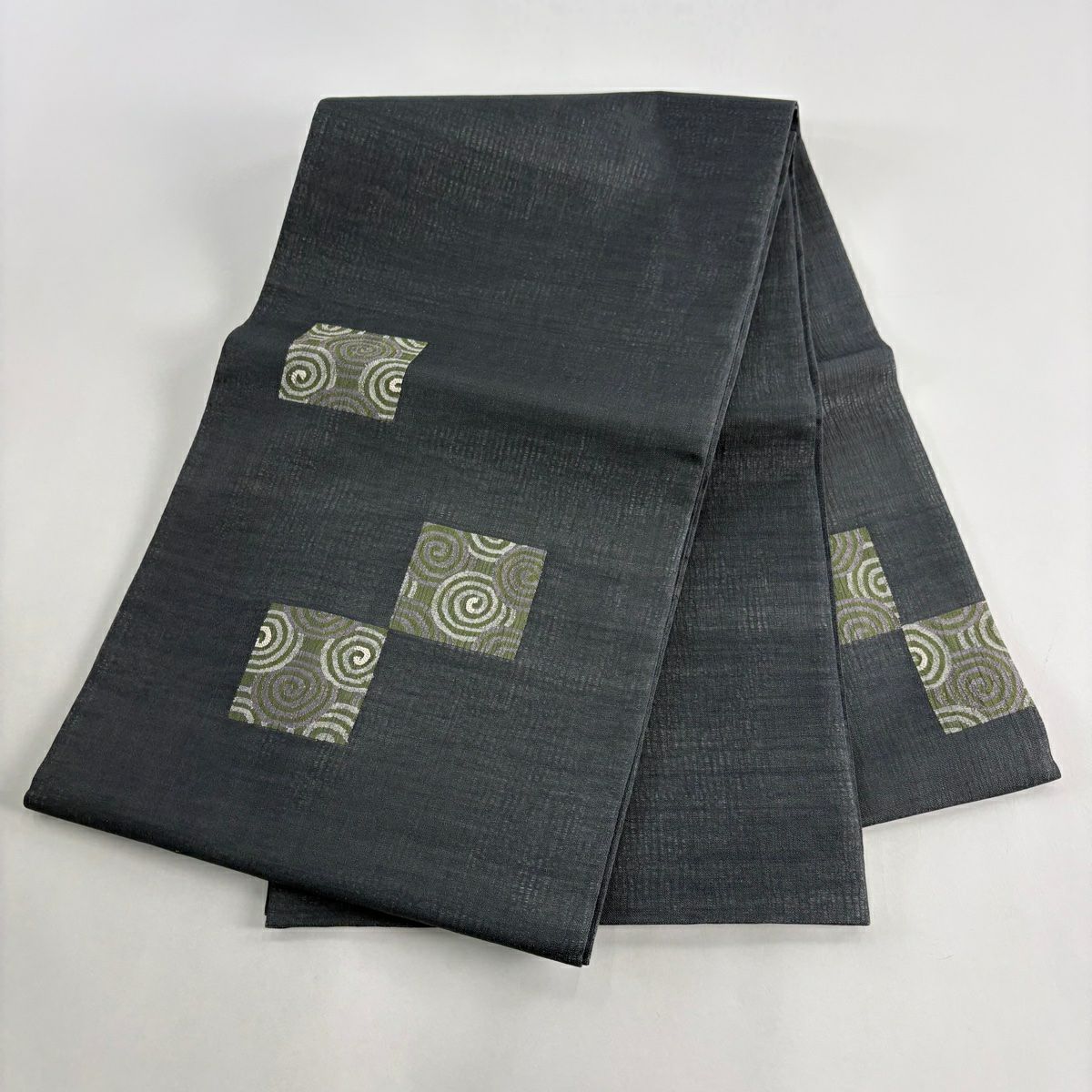 袋帶 秀品級 夏帶 渦卷 四角 相良刺繡 深綠 お太鼓圖案 純蠶絲