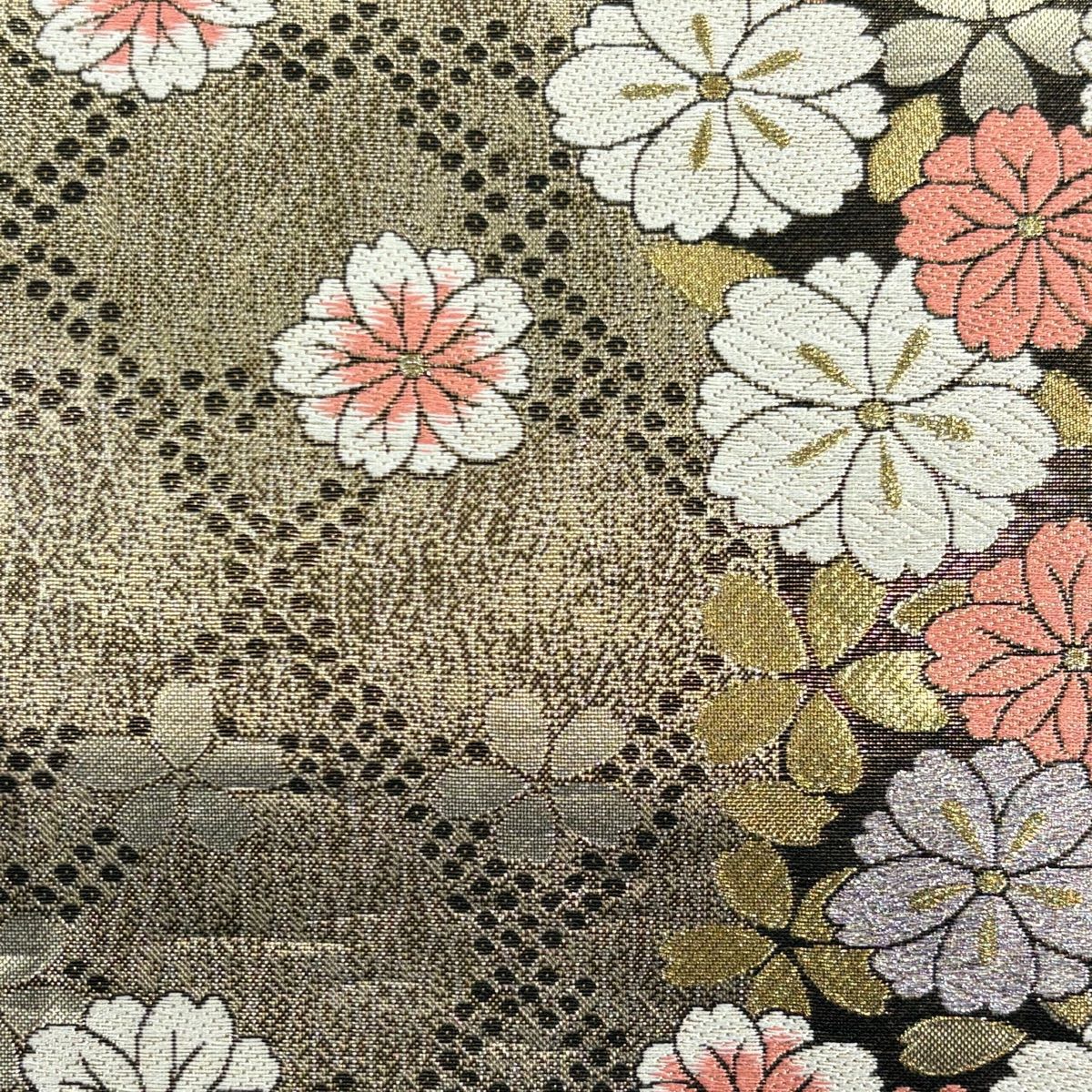 【美品】 袋帶 秀品級 櫻花 金絲 金金箔 金茶 六通 純蠶絲