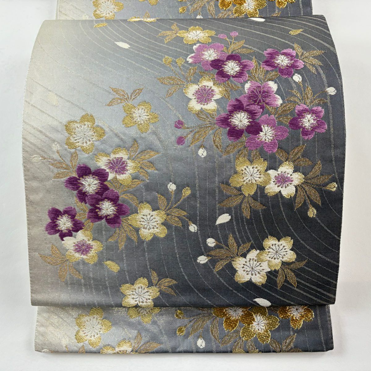 【美品】 袋帶 秀品級 櫻花 金絲 刺繡 灰色 六通 純蠶絲