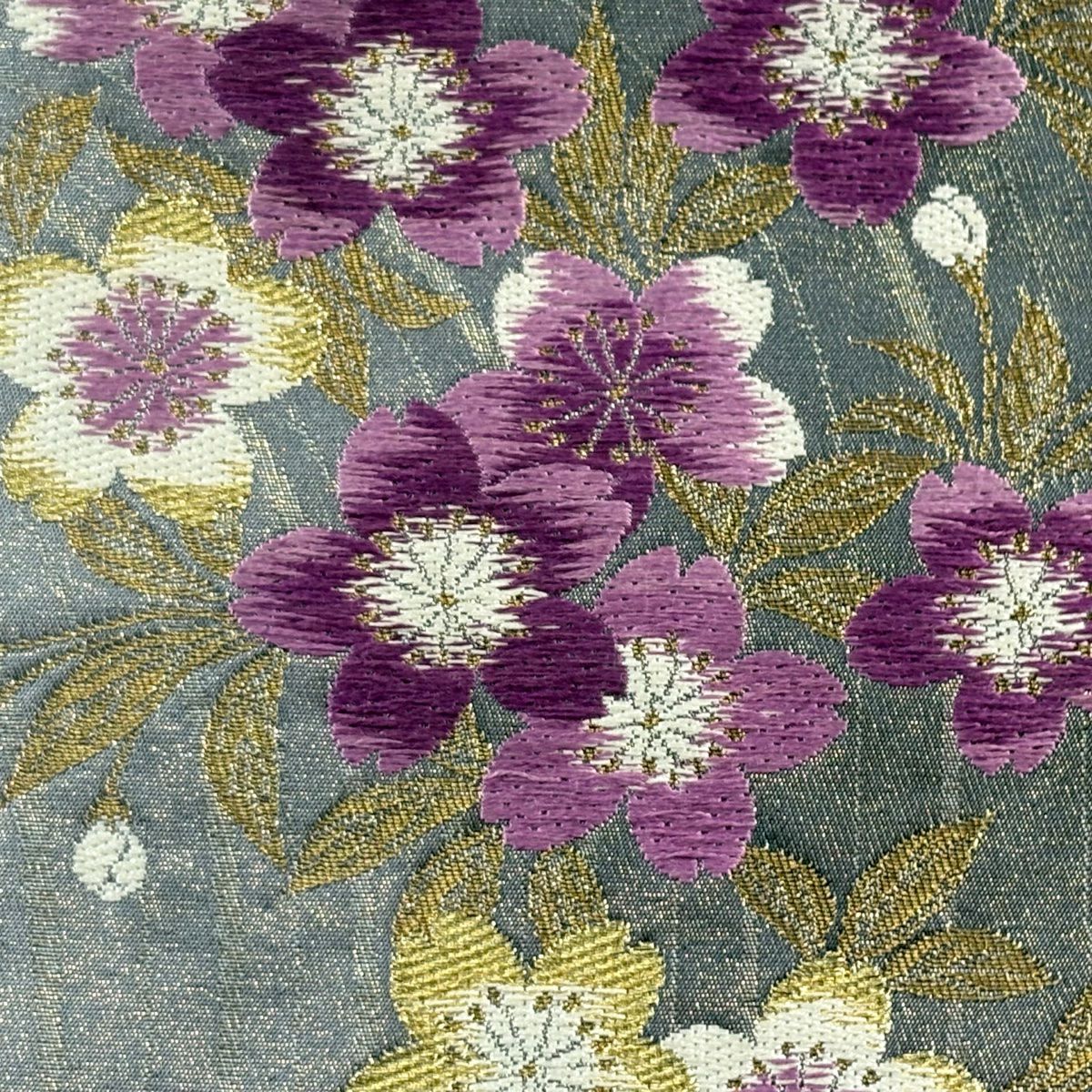 【美品】 袋帶 秀品級 櫻花 金絲 刺繡 灰色 六通 純蠶絲