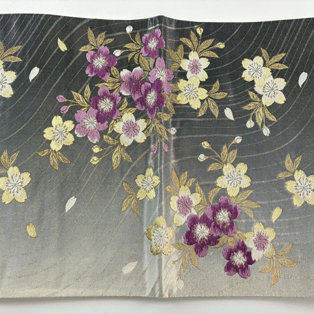 【美品】 袋帶 秀品級 櫻花 金絲 刺繡 灰色 六通 純蠶絲