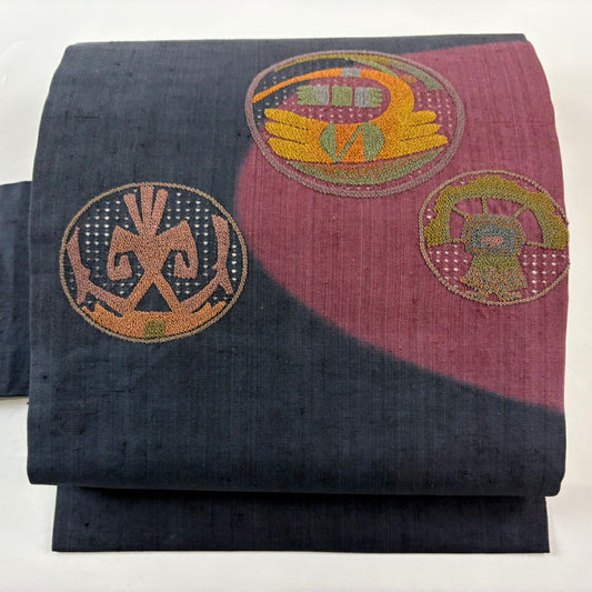 名古屋帶 秀品級 紬織織 圓文 幾何刺繡 深藍 純蠶絲