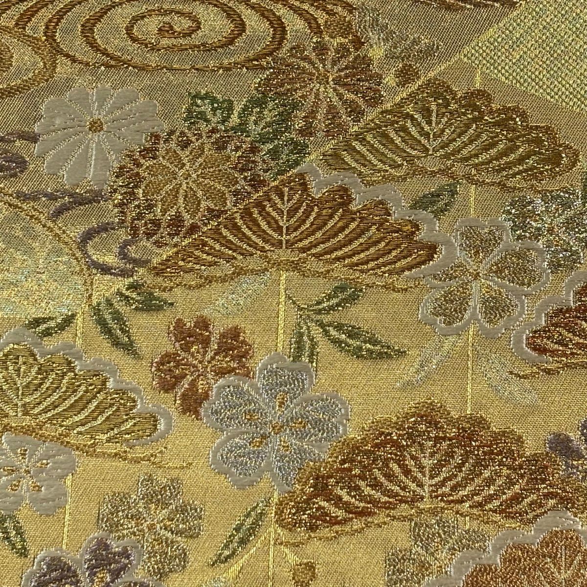 【美品】 袋帶 秀品級 笠松樹 鴛鴦 金銀彩 金色 六通 純蠶絲